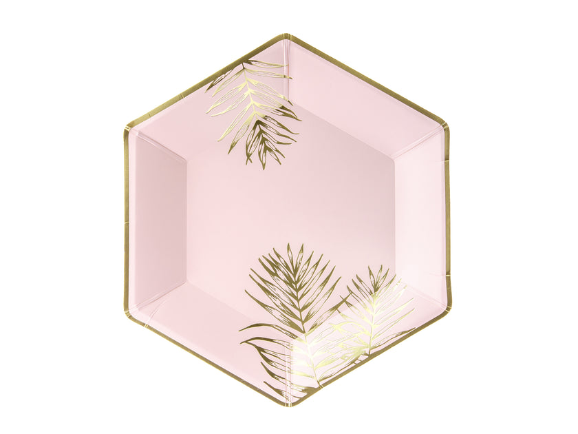6 assiettes pentagonales roses avec feuilles dorées en carton
