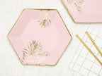 6 assiettes pentagonales roses avec feuilles dorées en carton