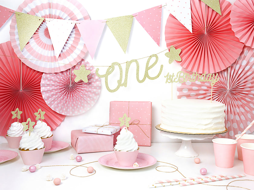 Guirlande fanions motifs à pois roses en papier - Pink 1st Birthday