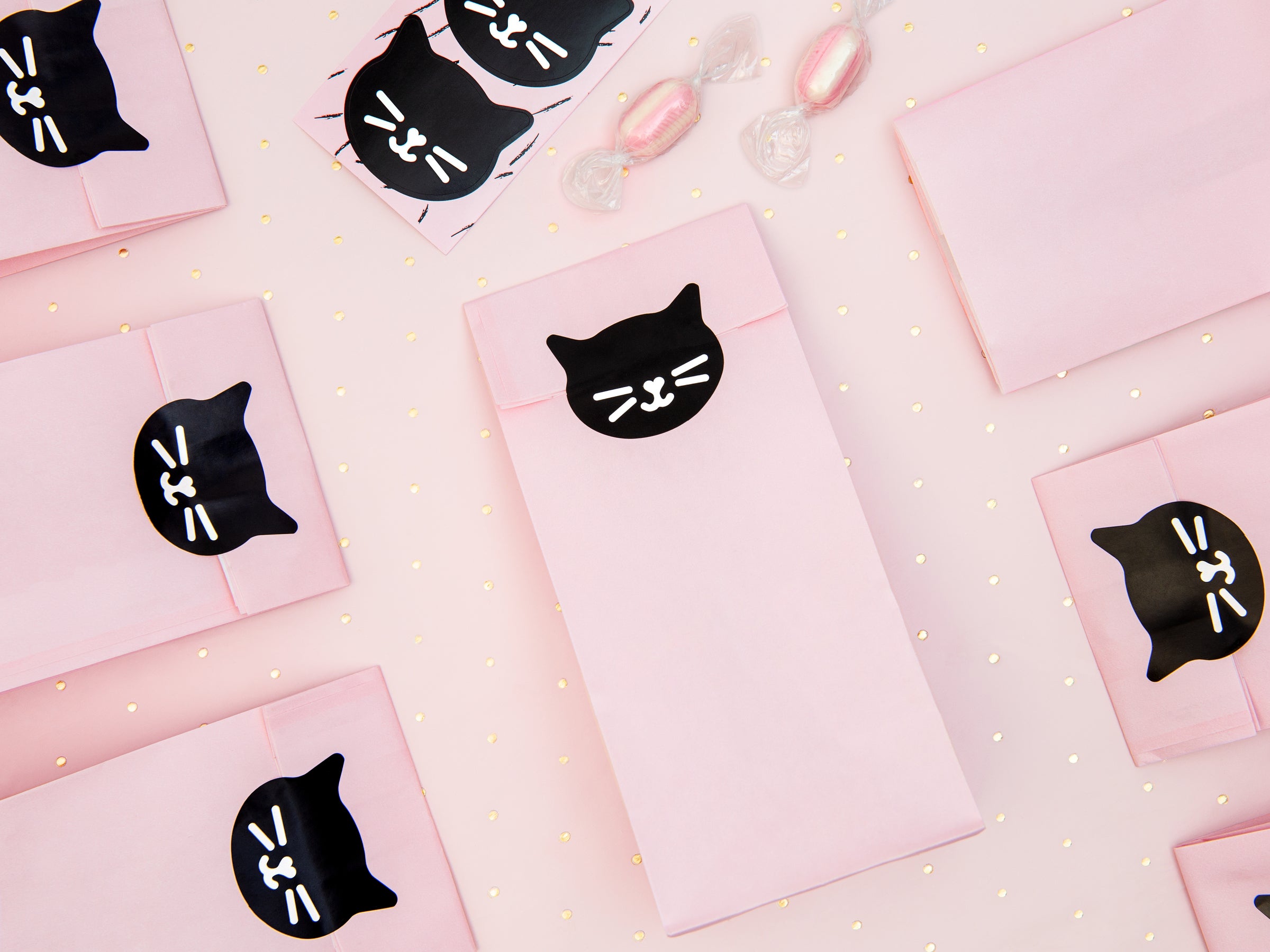 6 sachets roses en papier avec stickers chats - Meow Party