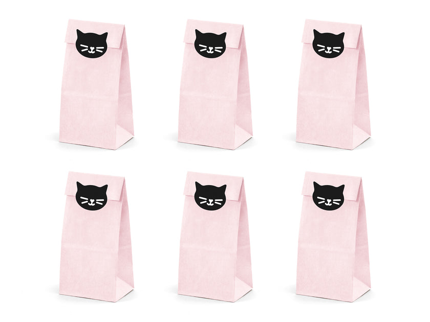 6 sachets roses en papier avec stickers chats - Meow Party