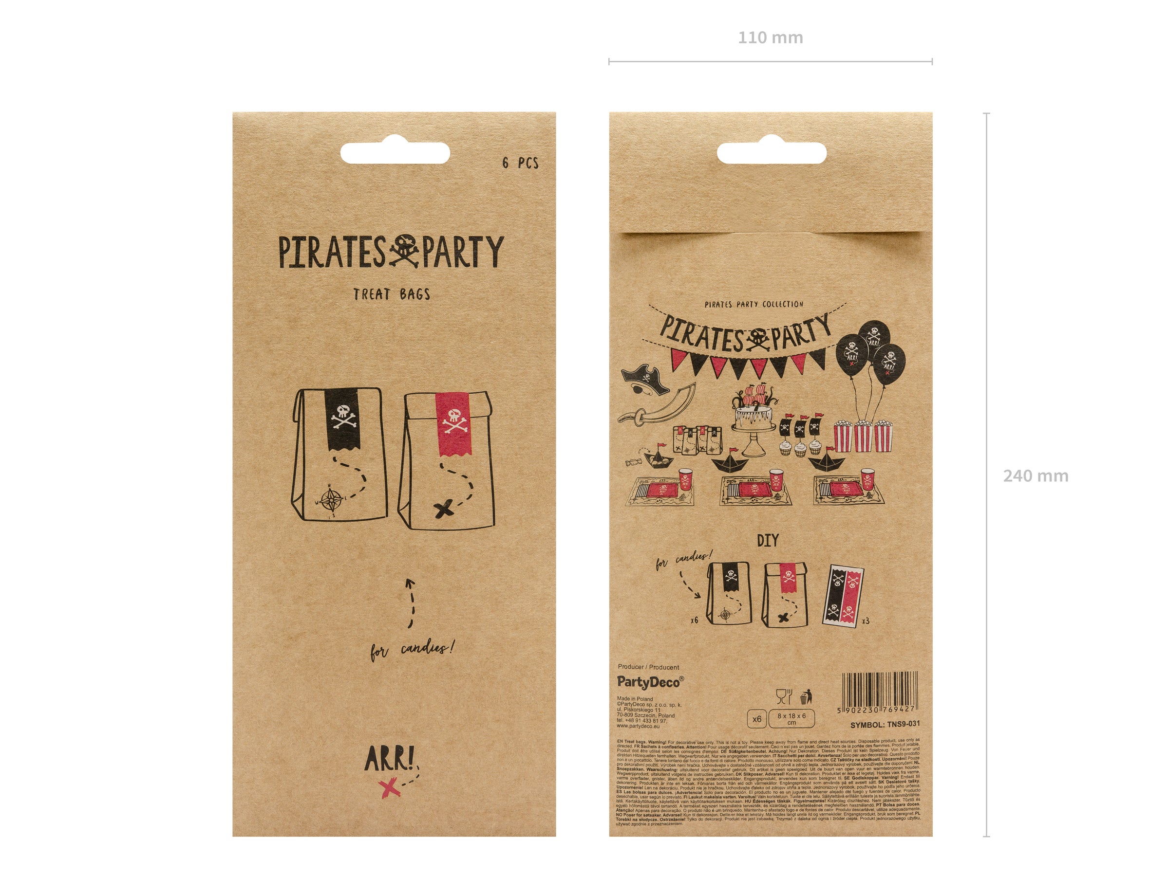 6 sachets pirates en papier Kraft avec stickers pirates - Piratas Party