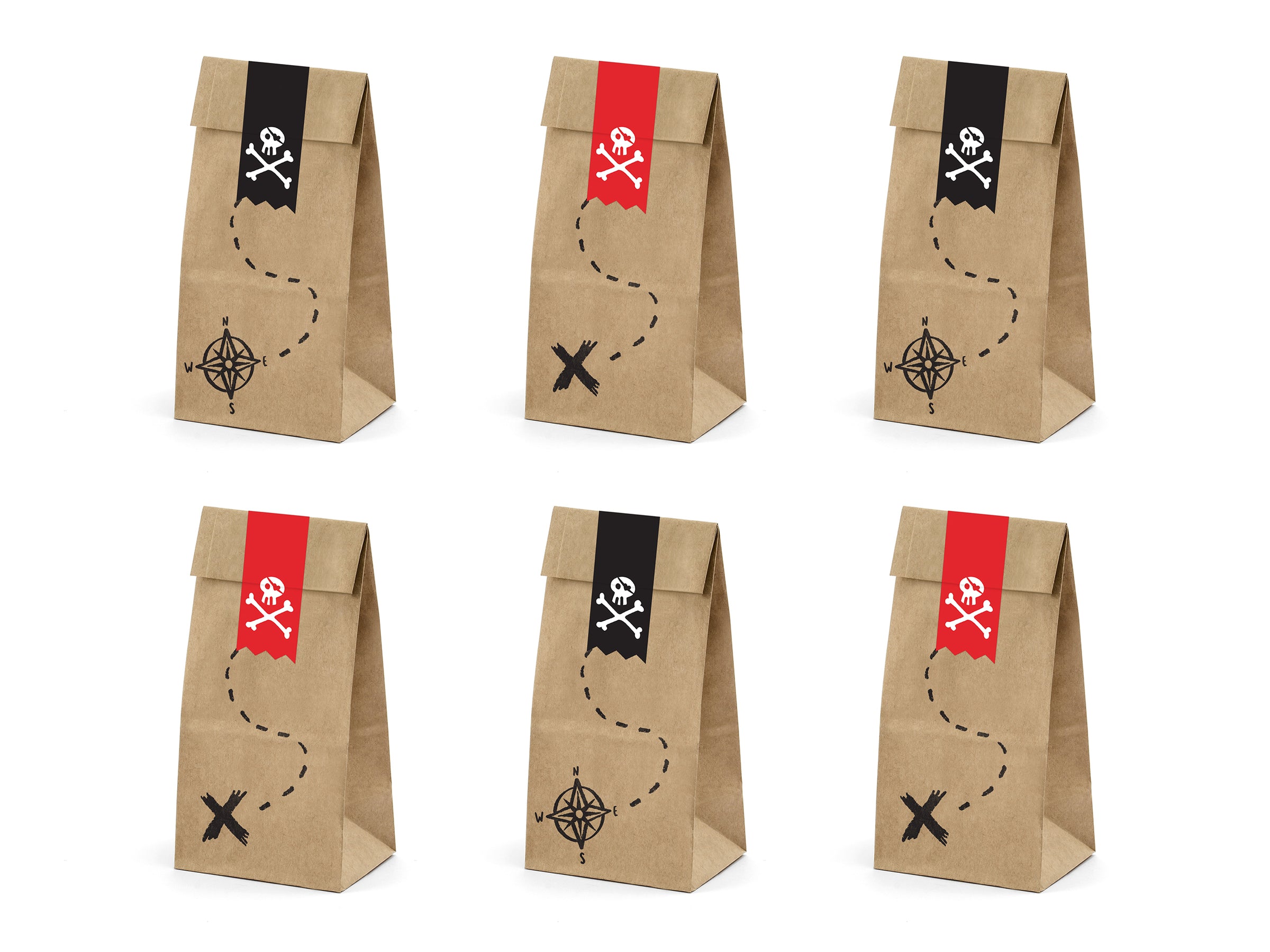 6 sachets pirates en papier Kraft avec stickers pirates - Piratas Party