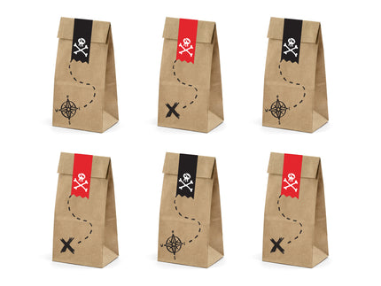 6 sachets pirates en papier Kraft avec stickers pirates - Piratas Party
