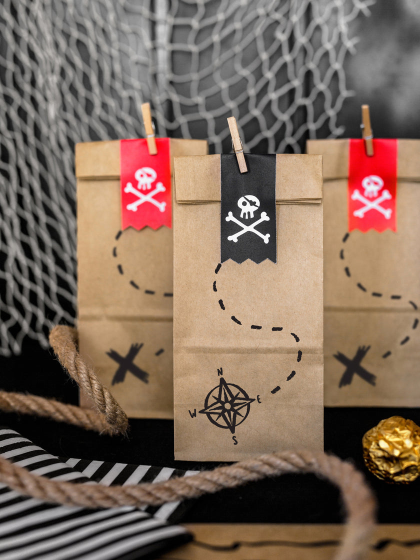 6 sachets pirates en papier Kraft avec stickers pirates - Piratas Party