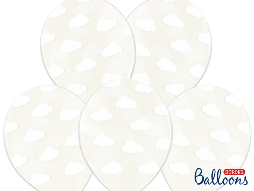 6 ballons transparents avec nuages blancs (30 cm)