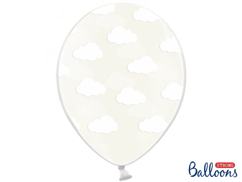 6 ballons transparents avec nuages blancs (30 cm)