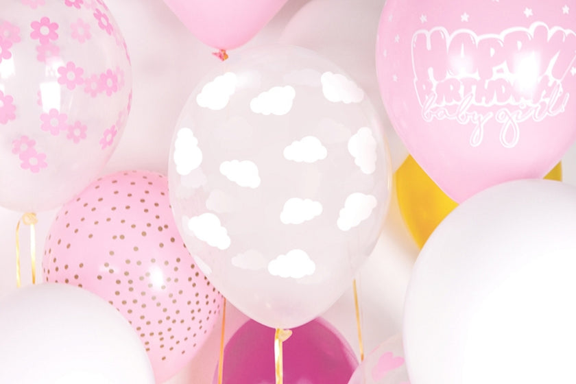 6 ballons transparents avec nuages blancs (30 cm)