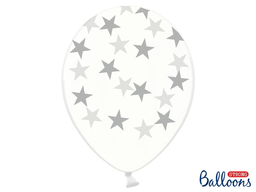 6 ballons transparents avec étoiles argentées (30 cm)
