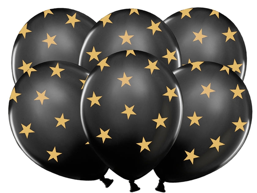6 ballons noirs avec étoiles dorées (30 cm)