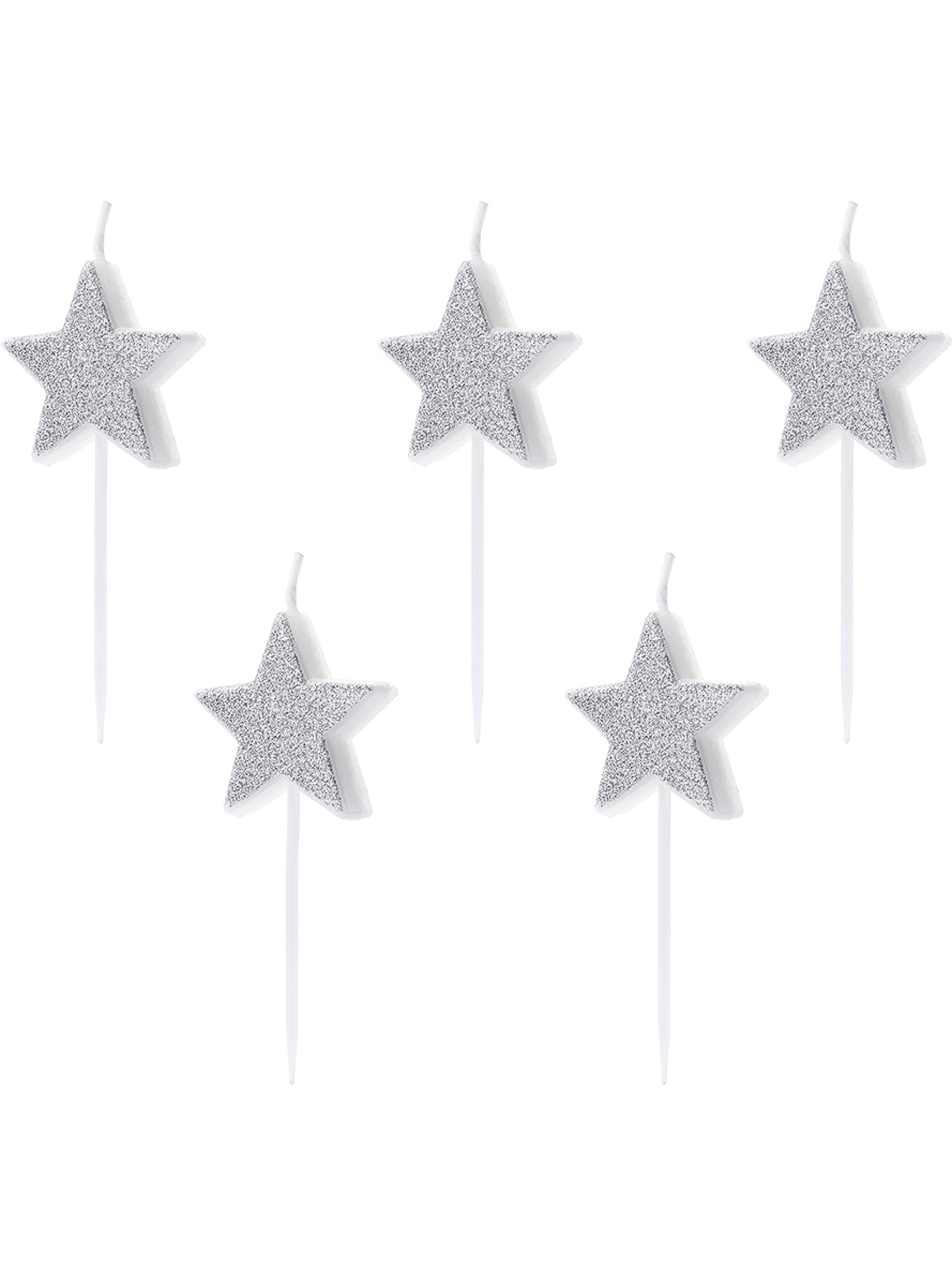 5 bougies étoiles à paillettes argentées