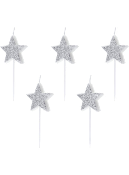 5 bougies étoiles à paillettes argentées