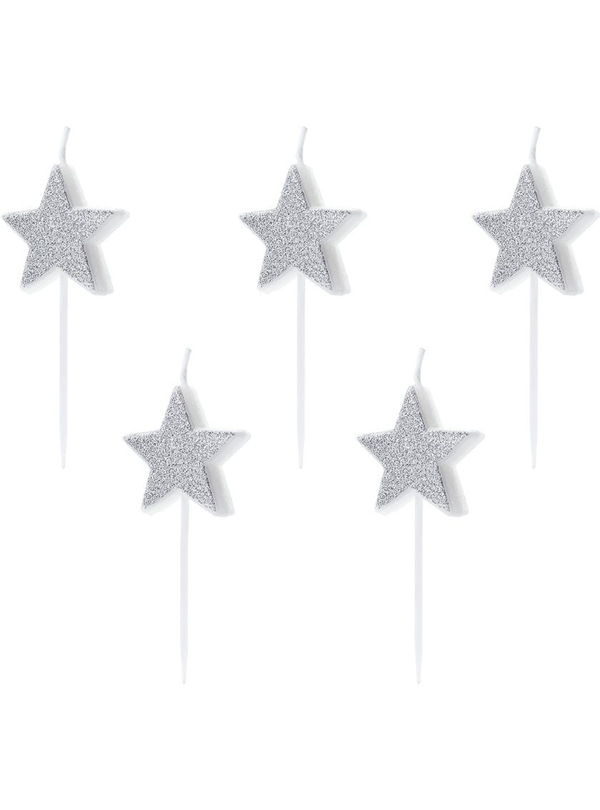 5 bougies étoiles à paillettes argentées