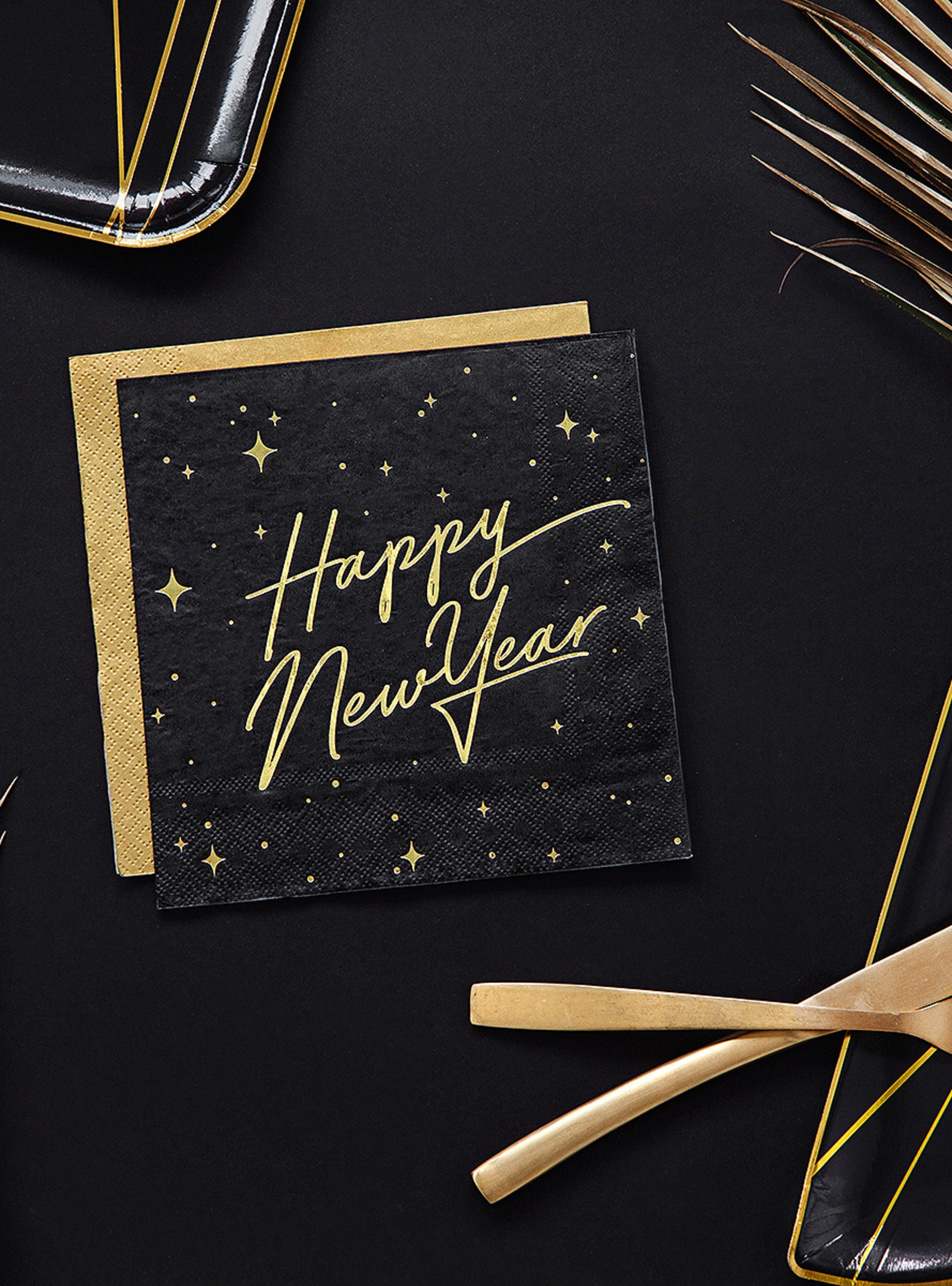 20 serviettes en papier Nouvel An Happy New Year noires et dorées (33 x 33 cm) - New Year's Eve Collection