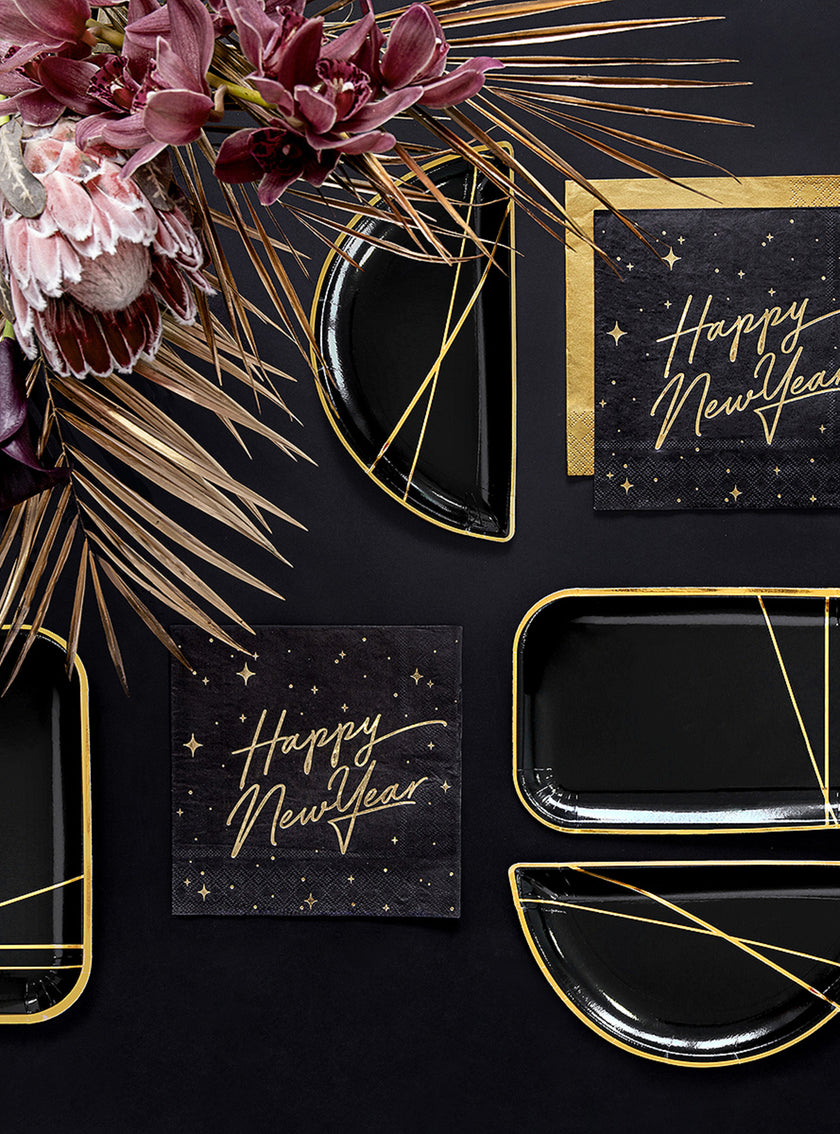 20 serviettes en papier Nouvel An Happy New Year noires et dorées (33 x 33 cm) - New Year's Eve Collection