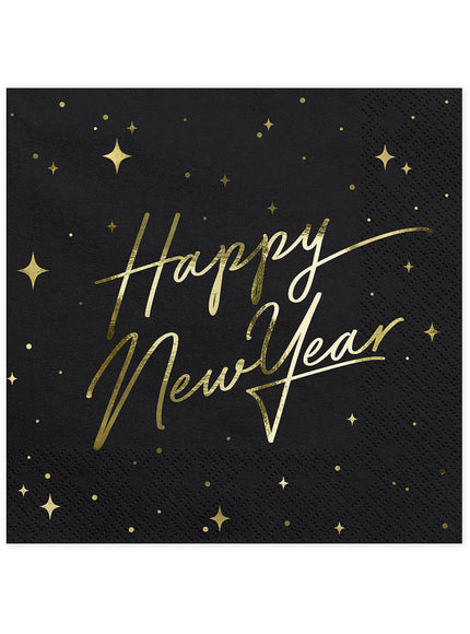 20 serviettes en papier Nouvel An Happy New Year noires et dorées (33 x 33 cm) - New Year's Eve Collection