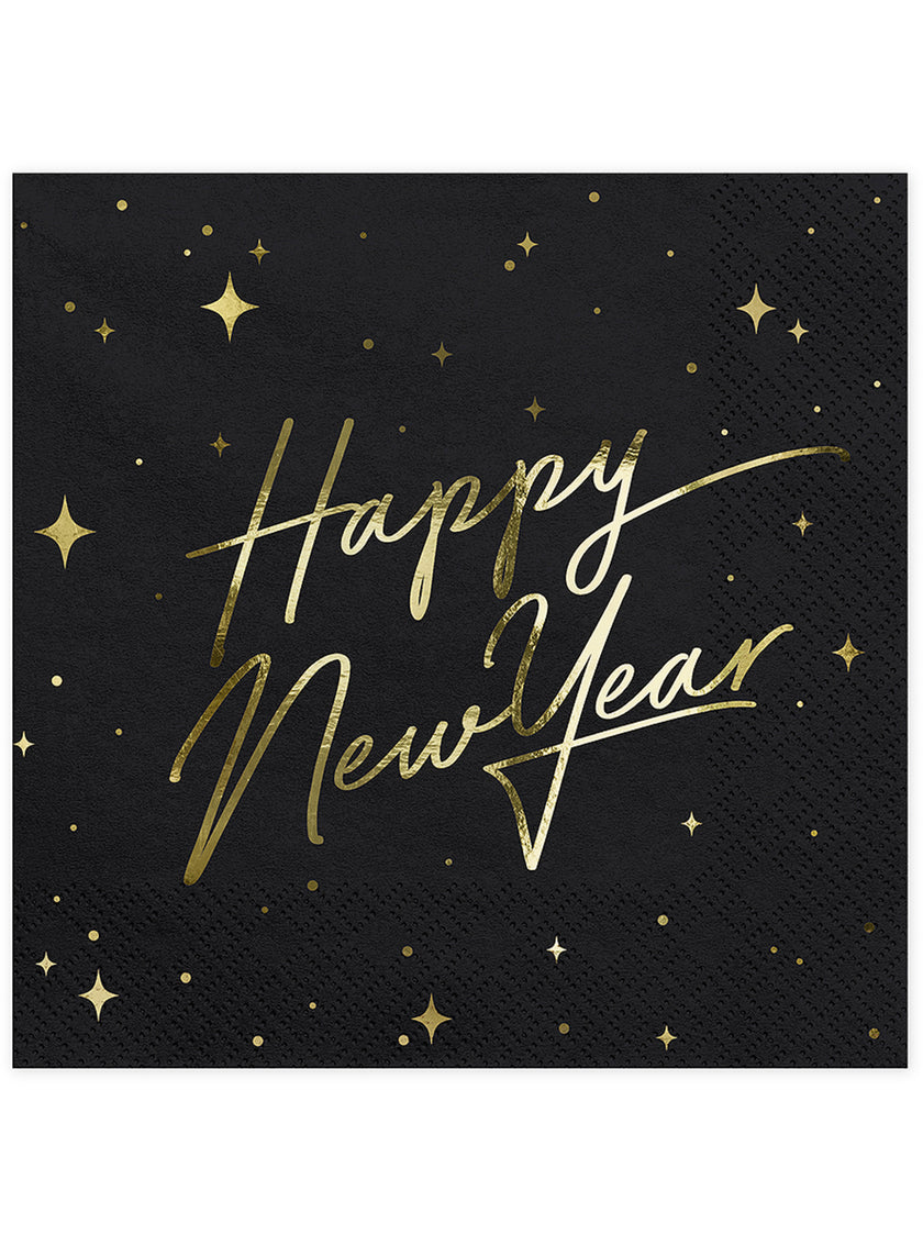 20 serviettes en papier Nouvel An Happy New Year noires et dorées (33 x 33 cm) - New Year's Eve Collection