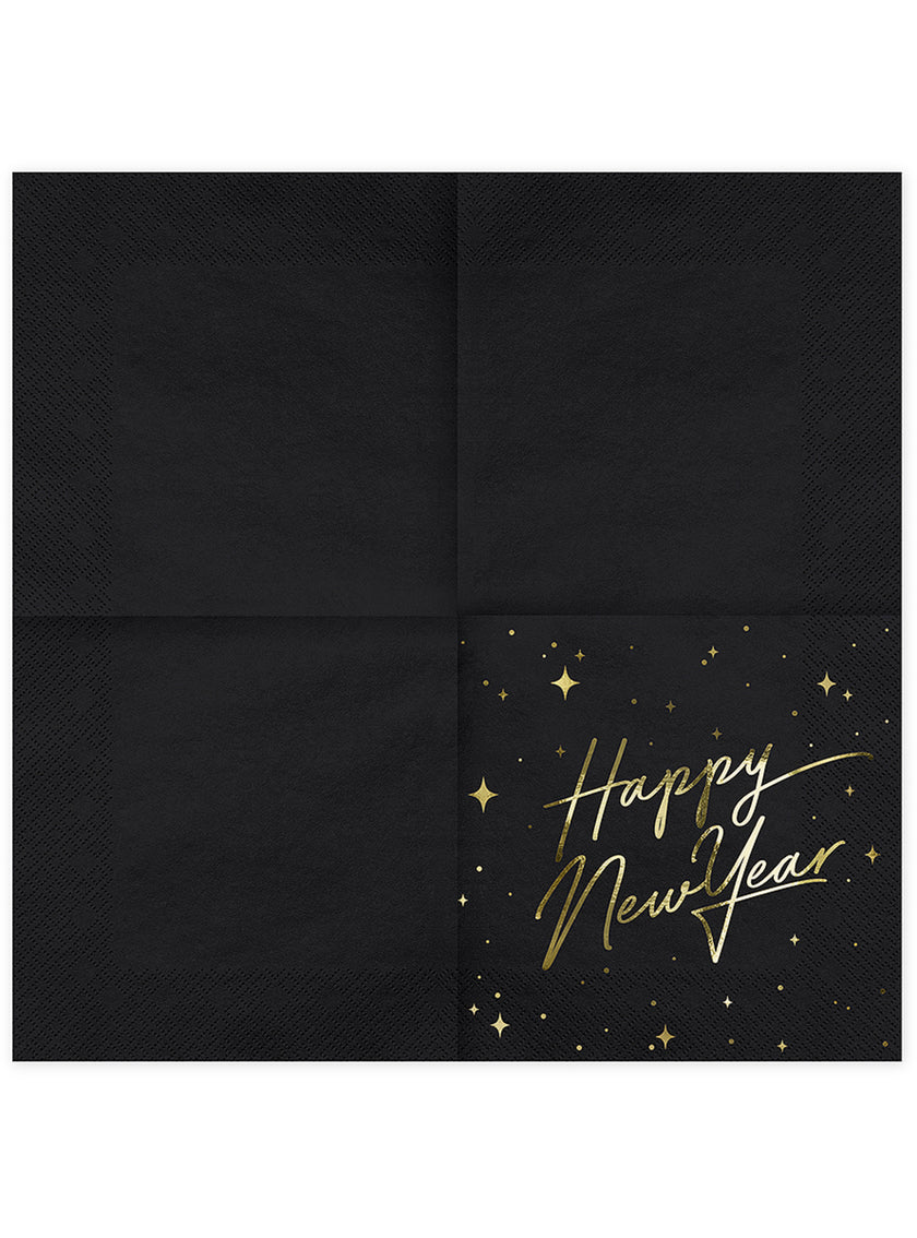 20 serviettes en papier Nouvel An Happy New Year noires et dorées (33 x 33 cm) - New Year's Eve Collection