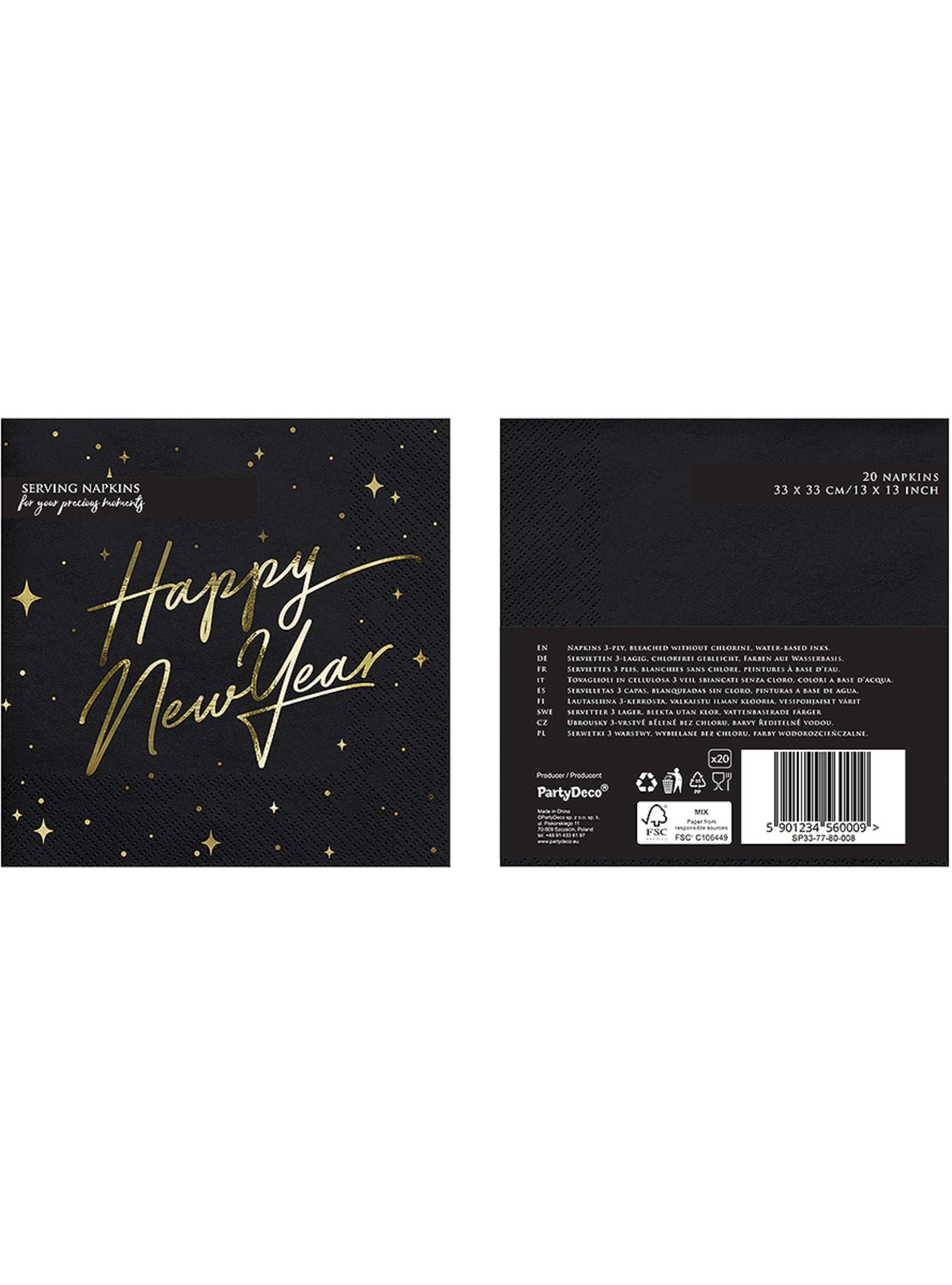 20 serviettes en papier Nouvel An Happy New Year noires et dorées (33 x 33 cm) - New Year's Eve Collection
