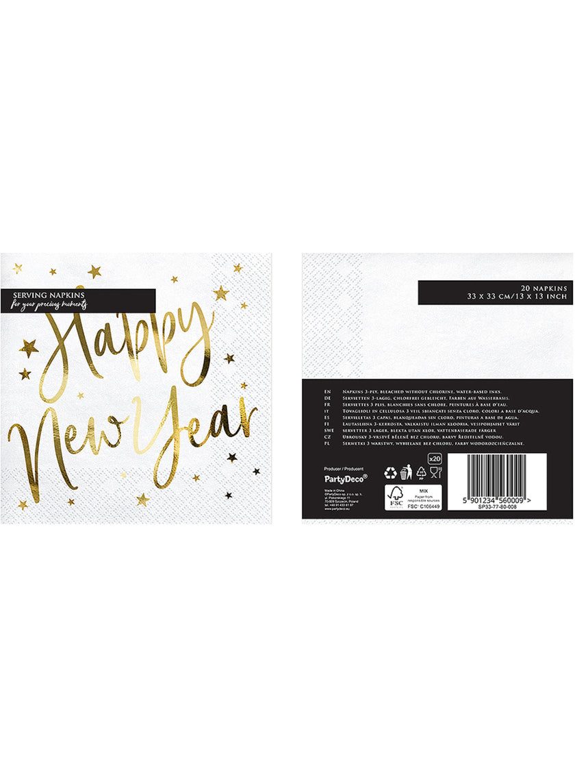 20 Serviettes en papier Nouvel An Happy New Year blanches et dorées (33 x 33 cm) - Jolly New Year