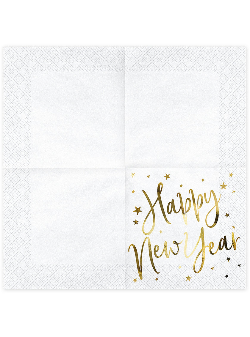 20 Serviettes en papier Nouvel An Happy New Year blanches et dorées (33 x 33 cm) - Jolly New Year
