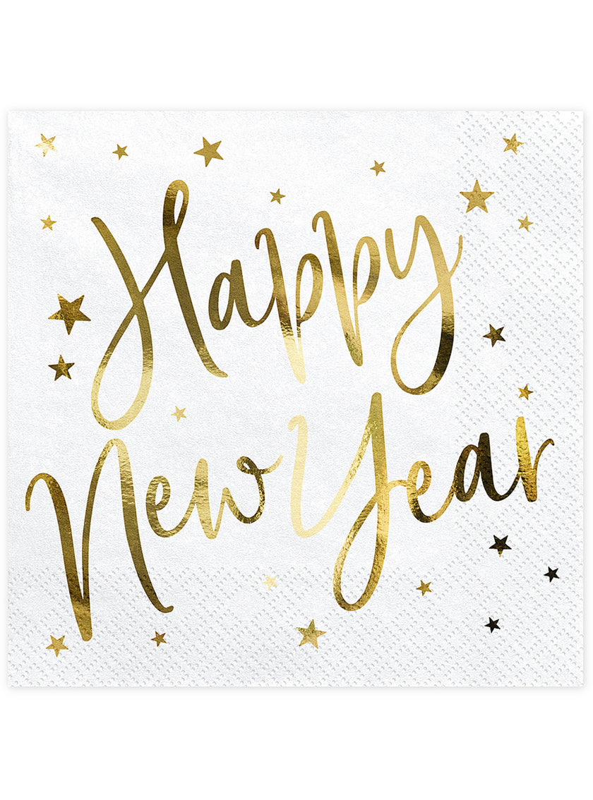 20 Serviettes en papier Nouvel An Happy New Year blanches et dorées (33 x 33 cm) - Jolly New Year