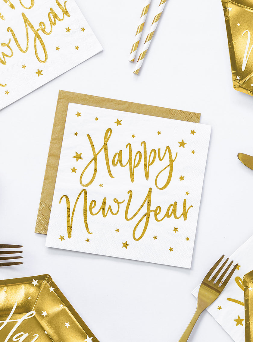 20 Serviettes en papier Nouvel An Happy New Year blanches et dorées (33 x 33 cm) - Jolly New Year