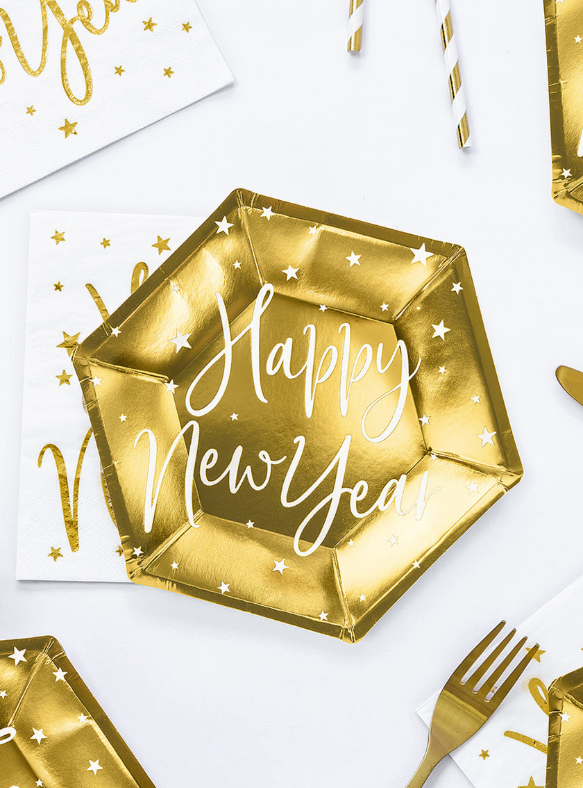 6 assiettes Nouvel An Happy New Year dorées (20 cm) - Jolly New Year