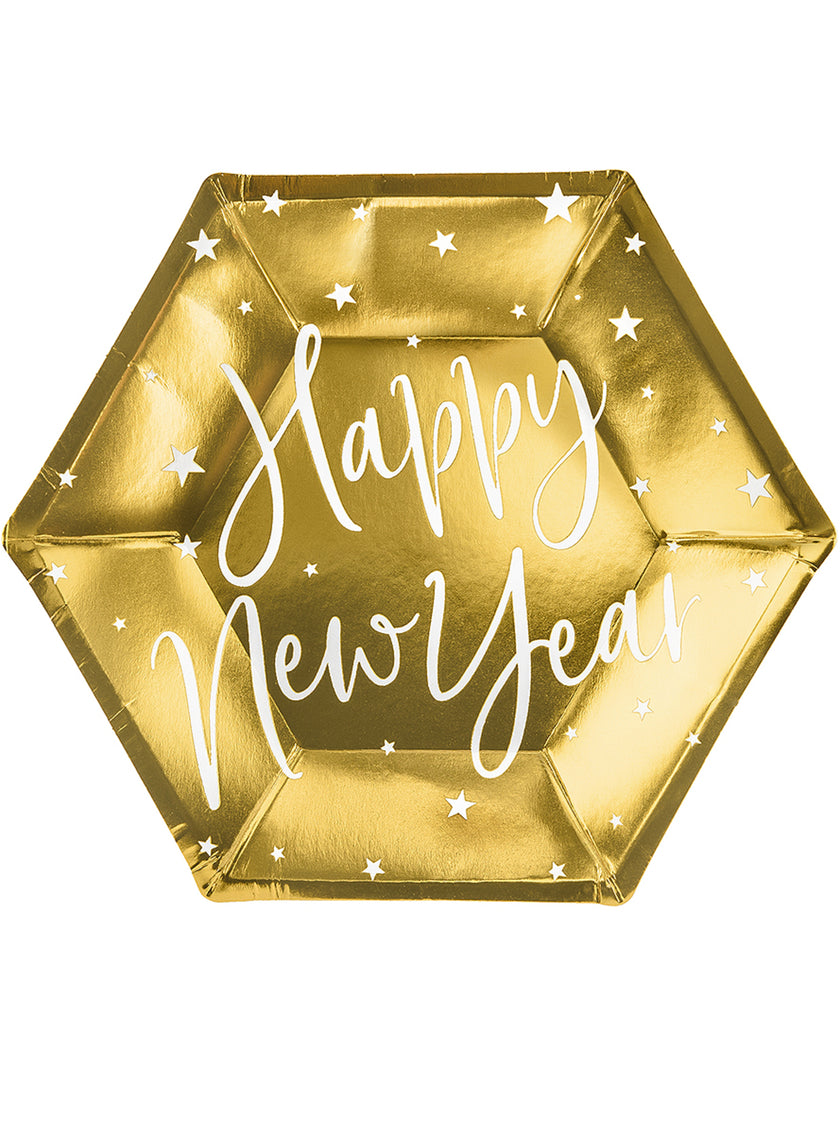 6 assiettes Nouvel An Happy New Year dorées (20 cm) - Jolly New Year