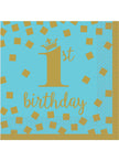 16 serviettes de premier anniversaire bleues et dorées
