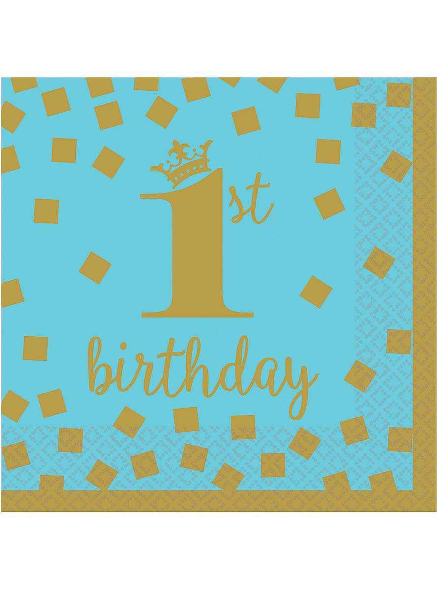 16 serviettes de premier anniversaire bleues et dorées