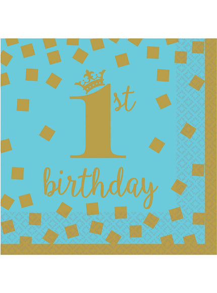 16 serviettes de premier anniversaire bleues et dorées