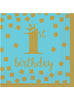 16 serviettes de premier anniversaire bleues et dorées