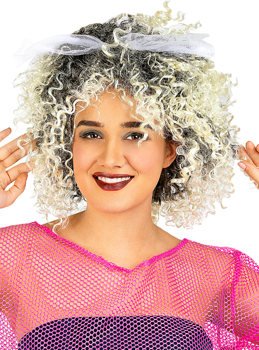 Perruque blonde années 80 avec nœud