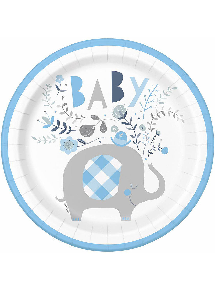 8 assiettes éléphant bleu baby Shower (23 cm) - Blue Floral Elephant