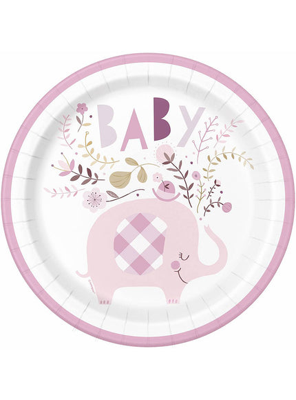 8 assiettes éléphant rose baby Shower (23 cm) - Pink Floral Elephant