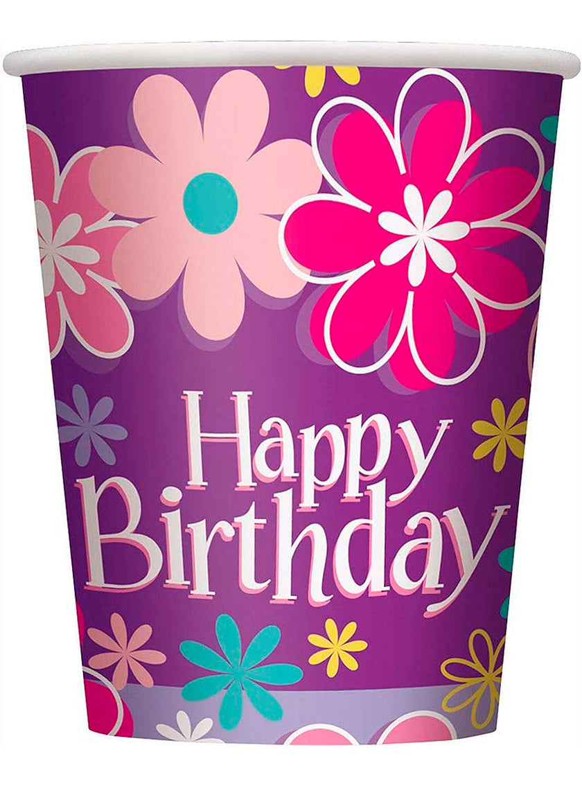 8 gobelets Happy Birthday flower