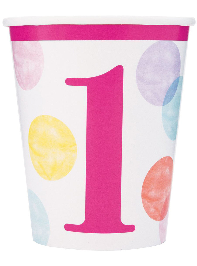 8 gobelets roses premier anniversaire - Pink Dots 1st Birthday
