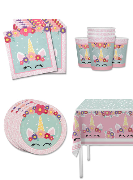 Kit décoration anniversaire licorne 8 personnes - Unicorn Flowers