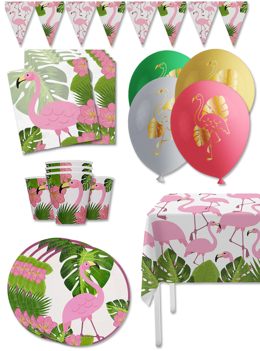 Kit décoration fête de flamencos Premium 8 personnes - Tropical flamingos
