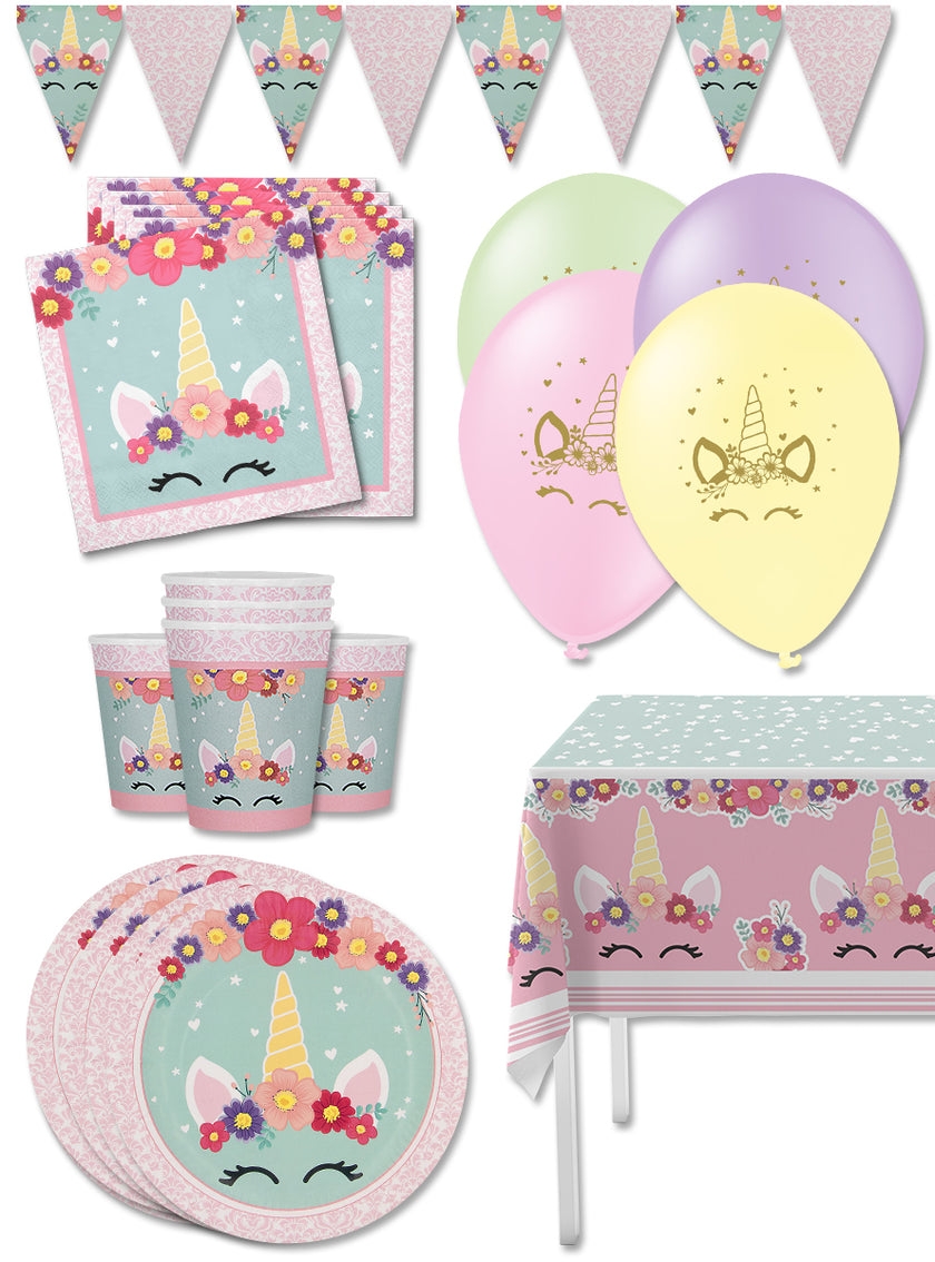 Kit décoration anniversaire licorne Premium 8 personnes - Unicorn Flowers