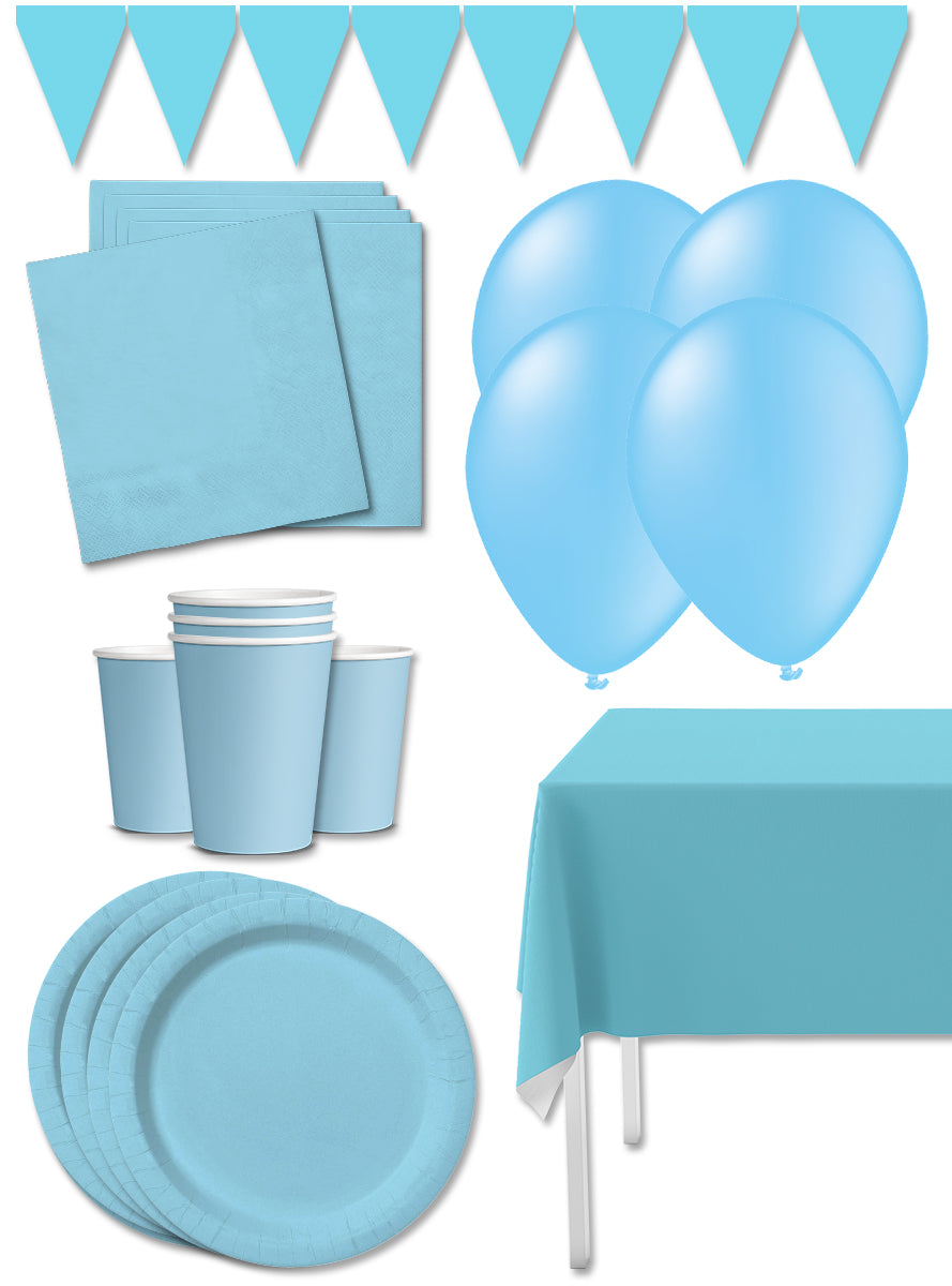 Kit décoration fête bleu ciel Premium 8 personnes - Gamme couleur unie