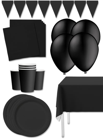 Kit décoration fête noir Premium 8 personnes - Gamme couleur unie