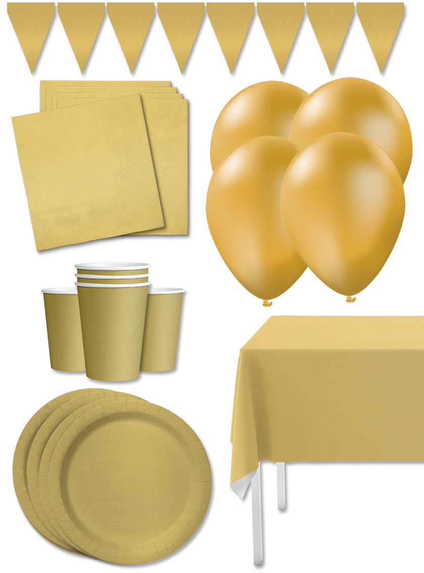 Kit décoration fête doré Premium 8 personnes - Gamme couleur unie