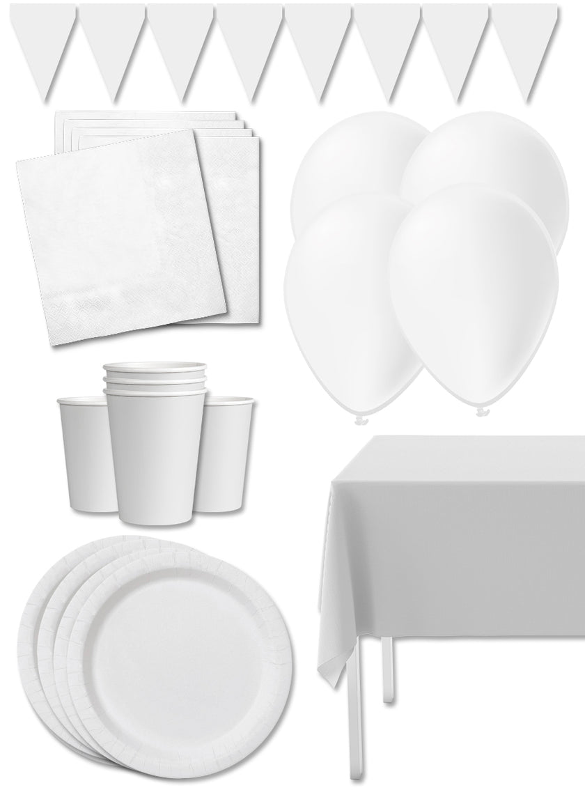 Kit décoration fête blanc Premium 8 personnes - Gamme couleur unie