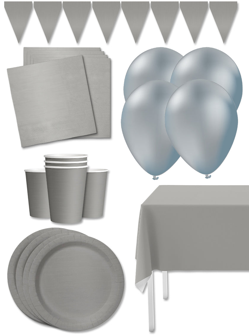 Kit décoration fête argenté Premium 8 personnes - Gamme couleur unie