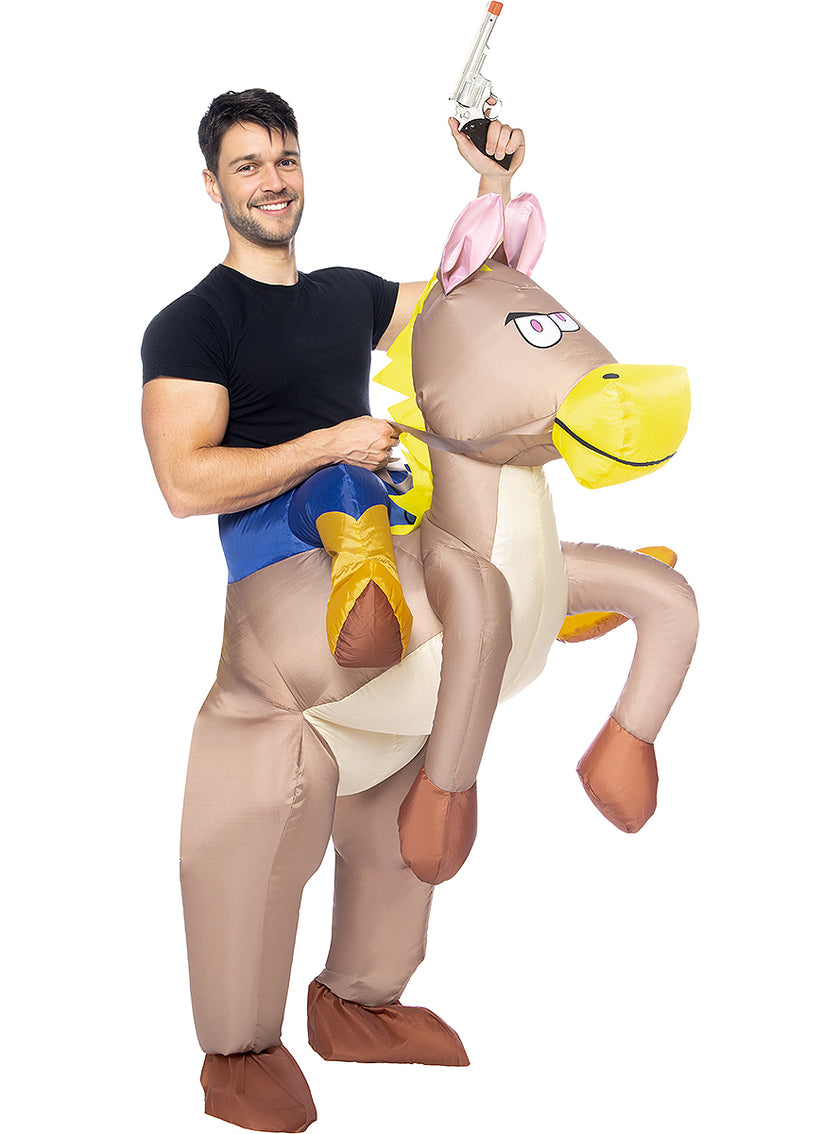 Déguisement porte-moi cowboy sur son cheval gonflable adulte