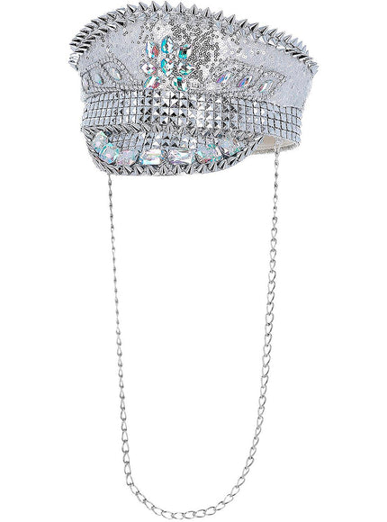 Casquette de capitaine de festival argentée avec ornements