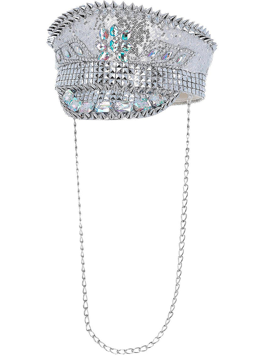 Casquette de capitaine de festival argentée avec ornements