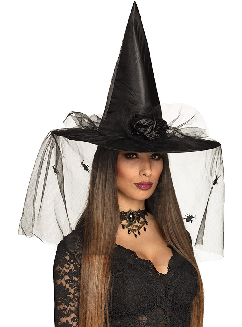 Chapeau de sorcière avec voile et araignées
